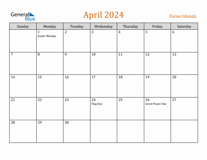 April 2024 Holiday Calendar with Sunday Start