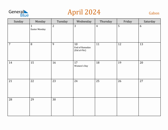 April 2024 Holiday Calendar with Sunday Start