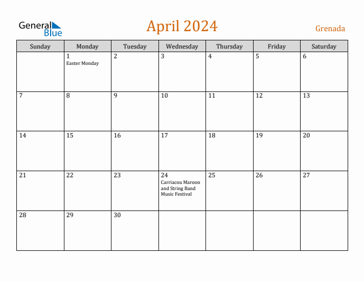 April 2024 Holiday Calendar with Sunday Start