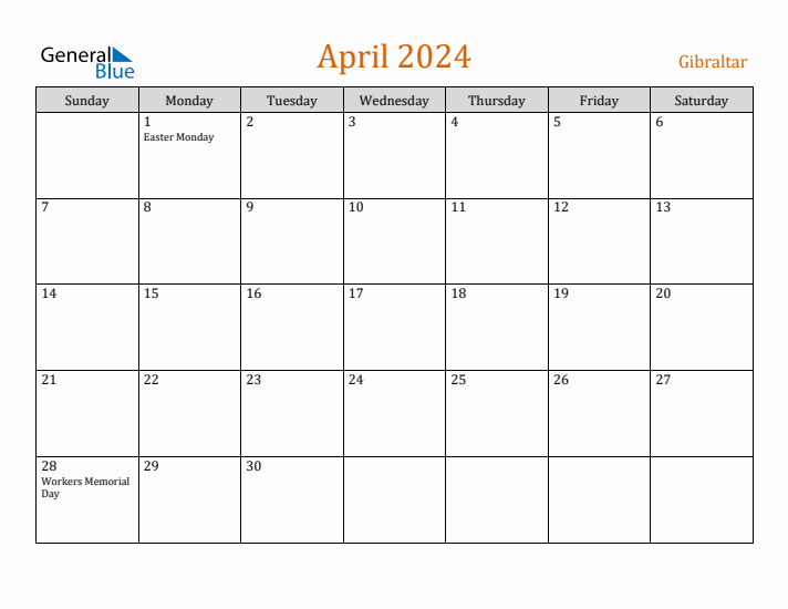 April 2024 Holiday Calendar with Sunday Start