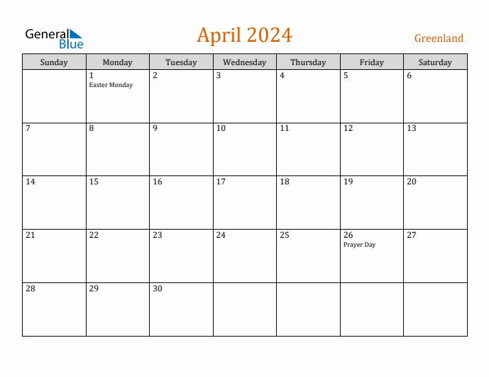 April 2024 Holiday Calendar with Sunday Start