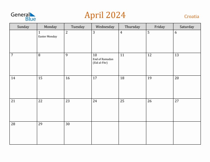 April 2024 Holiday Calendar with Sunday Start