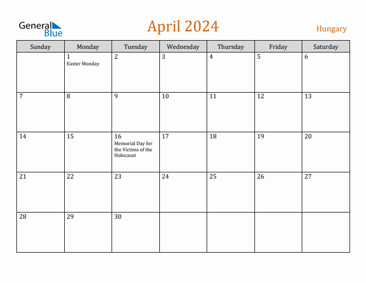 April 2024 Holiday Calendar with Sunday Start