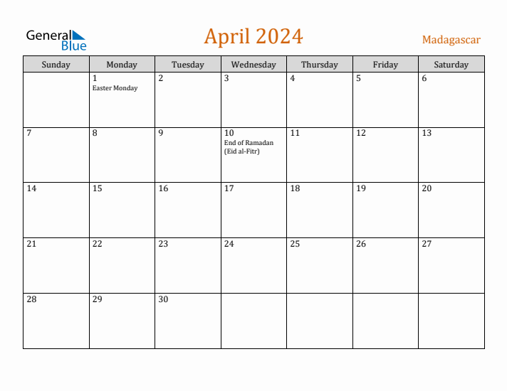 April 2024 Holiday Calendar with Sunday Start