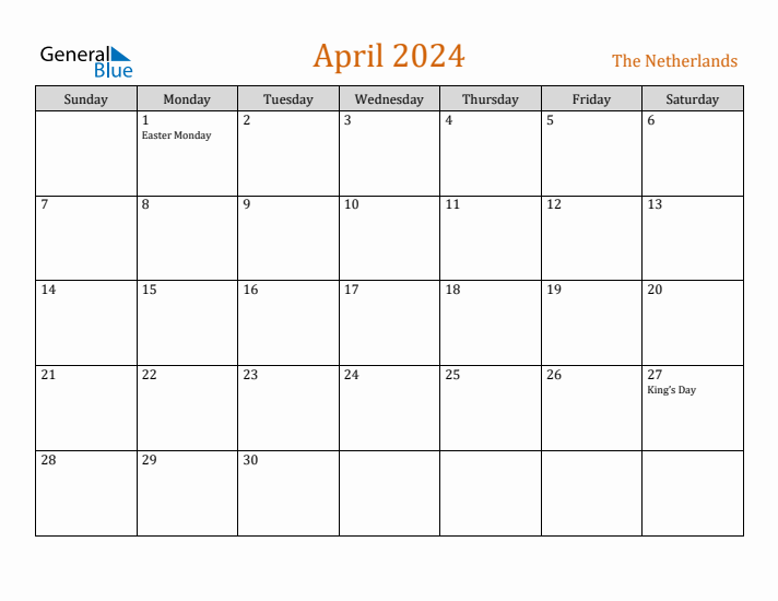 April 2024 Holiday Calendar with Sunday Start