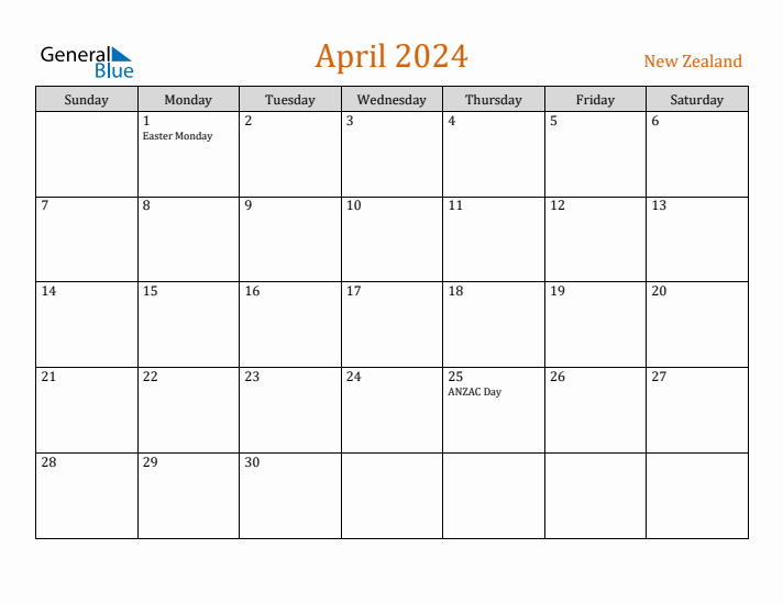 April 2024 Holiday Calendar with Sunday Start