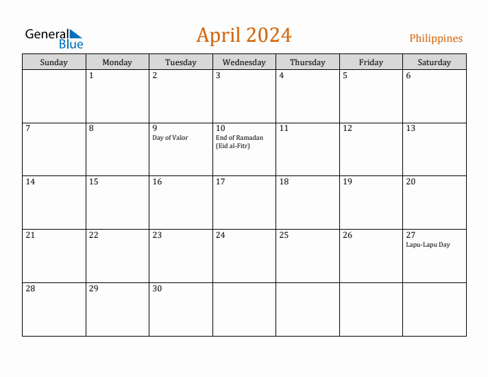 April 2024 Holiday Calendar with Sunday Start