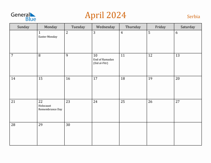 April 2024 Holiday Calendar with Sunday Start