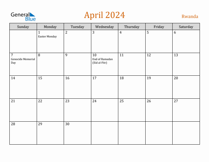 April 2024 Holiday Calendar with Sunday Start