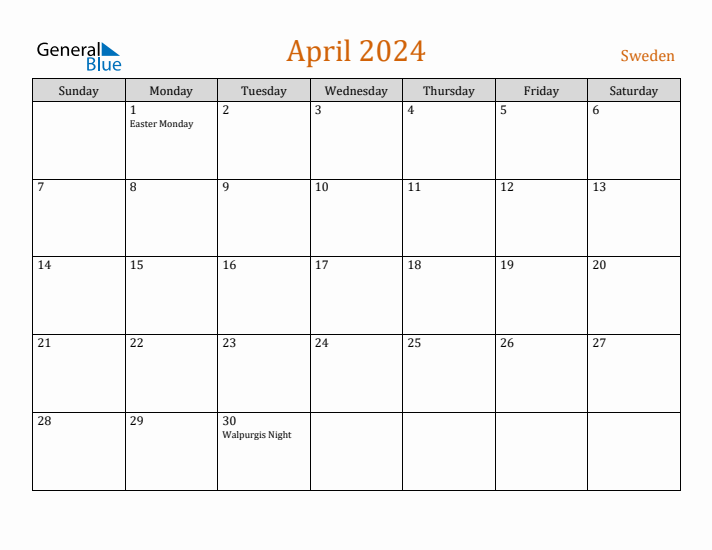 April 2024 Holiday Calendar with Sunday Start