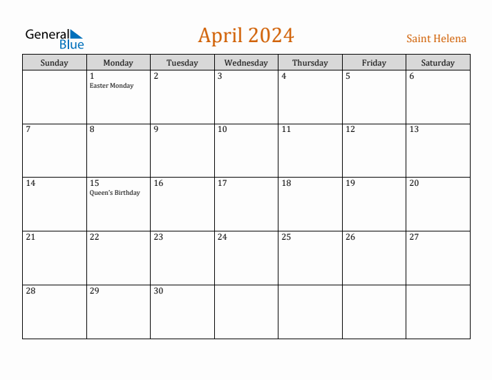 April 2024 Holiday Calendar with Sunday Start