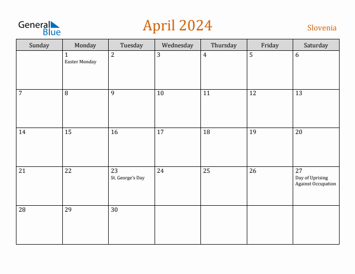 April 2024 Holiday Calendar with Sunday Start