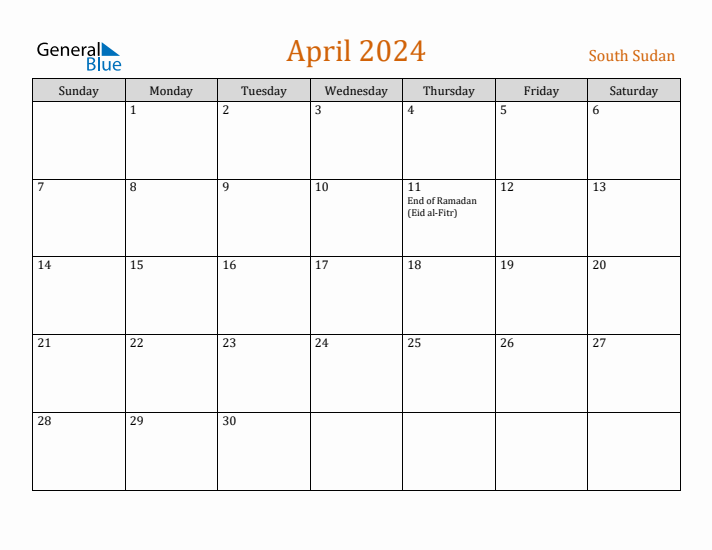 April 2024 Holiday Calendar with Sunday Start