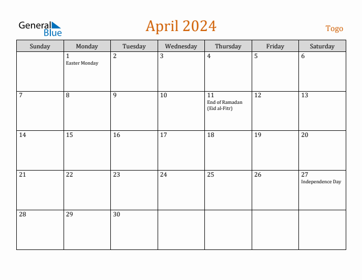 April 2024 Holiday Calendar with Sunday Start