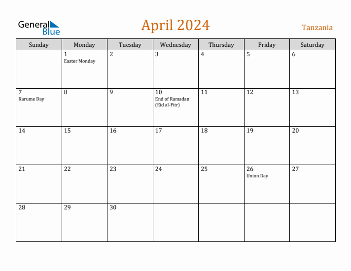 April 2024 Holiday Calendar with Sunday Start