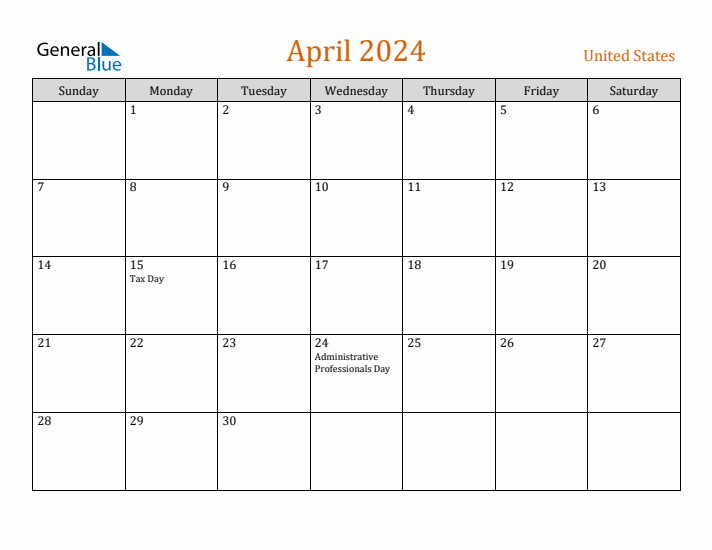 April 2024 Holiday Calendar with Sunday Start