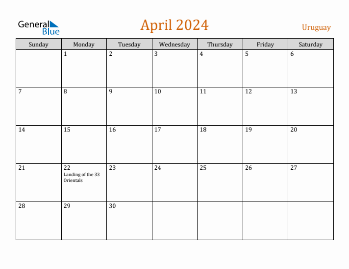 April 2024 Holiday Calendar with Sunday Start