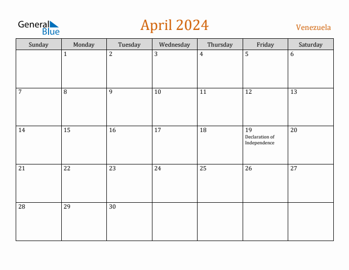 April 2024 Holiday Calendar with Sunday Start