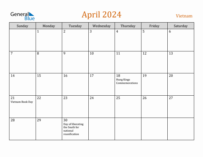 April 2024 Holiday Calendar with Sunday Start