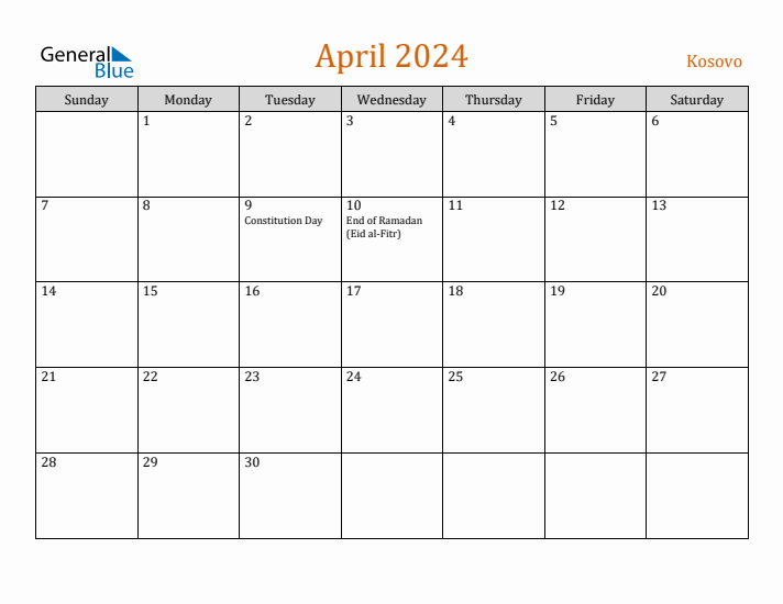 April 2024 Holiday Calendar with Sunday Start