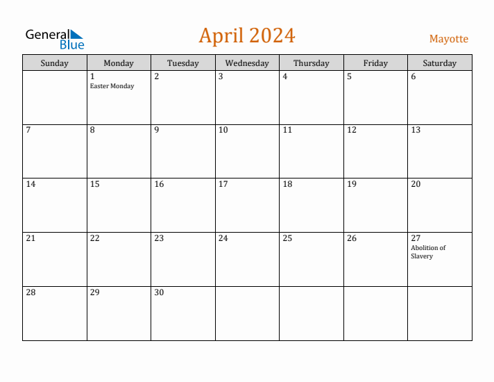 April 2024 Holiday Calendar with Sunday Start