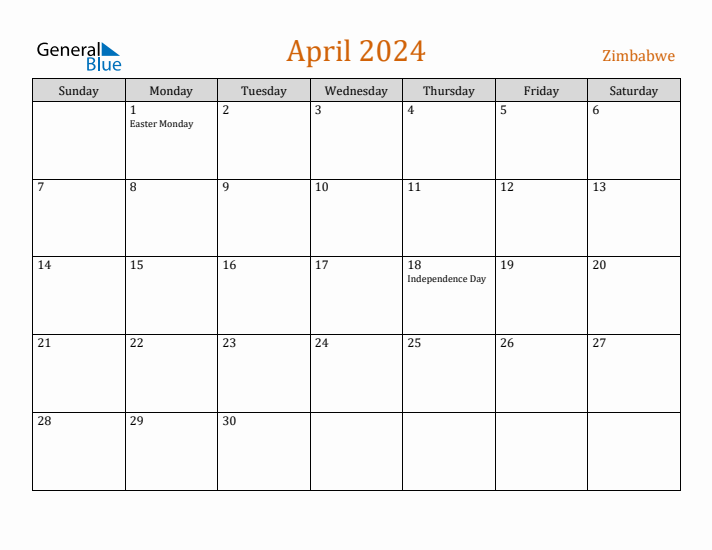 April 2024 Holiday Calendar with Sunday Start