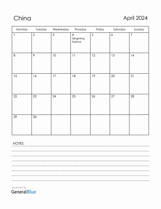 April 2024 China Calendar with Holidays (Monday Start)