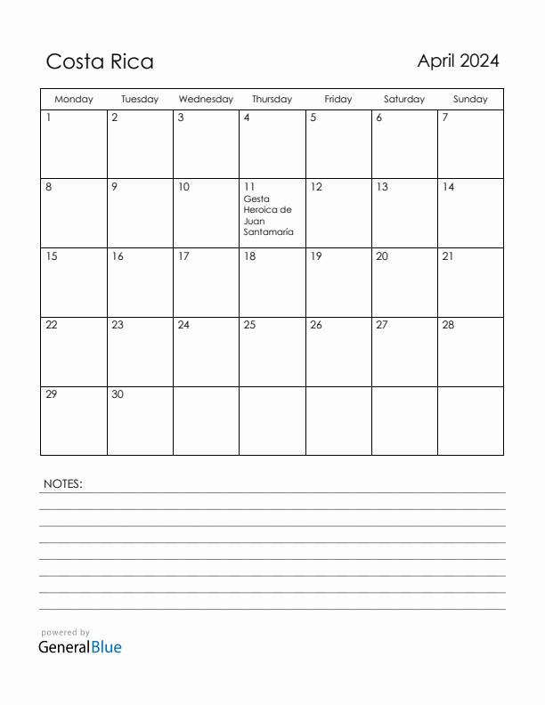 April 2024 Costa Rica Calendar with Holidays (Monday Start)