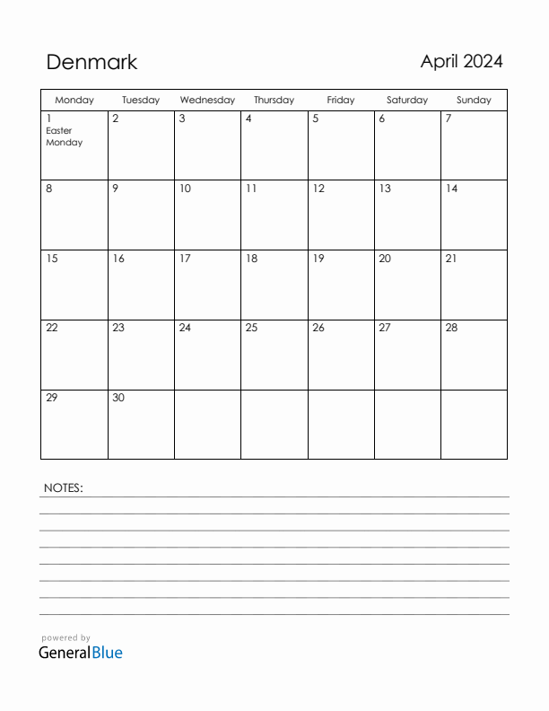 April 2024 Denmark Calendar with Holidays (Monday Start)