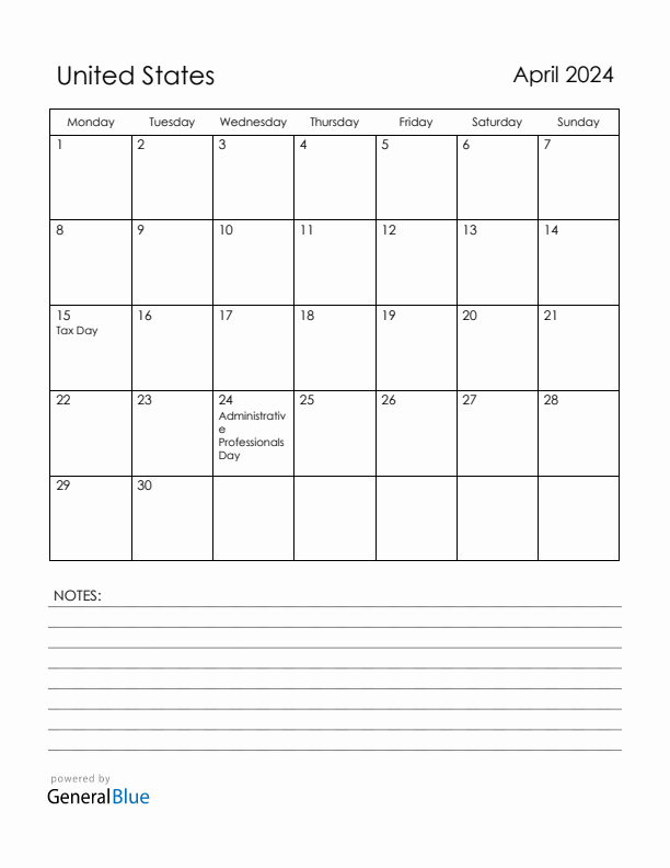 April 2024 United States Calendar with Holidays (Monday Start)