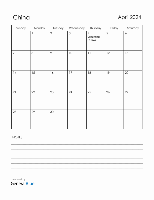 April 2024 China Calendar with Holidays (Sunday Start)