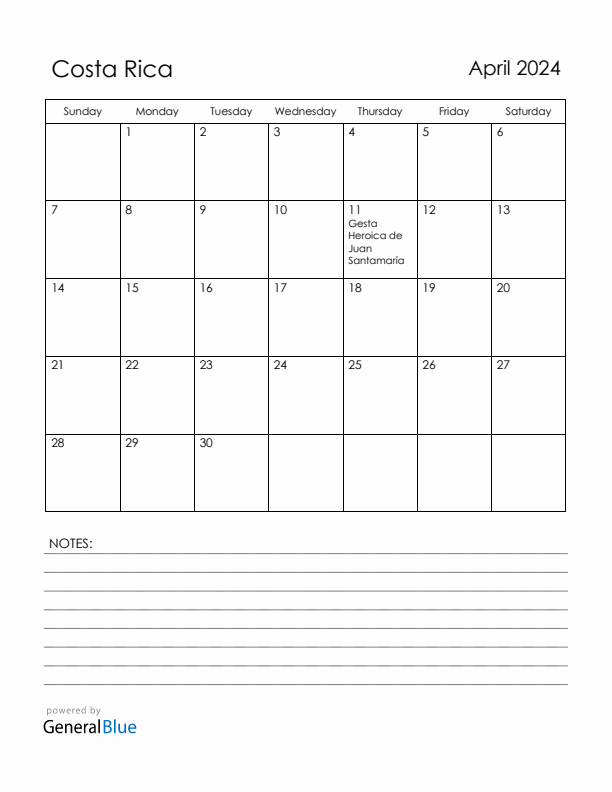 April 2024 Costa Rica Calendar with Holidays (Sunday Start)