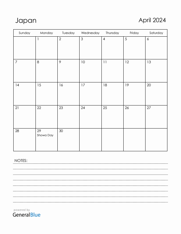 April 2024 Japan Calendar with Holidays (Sunday Start)