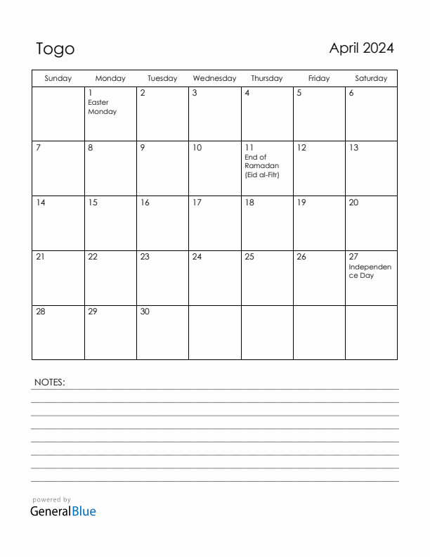 April 2024 Togo Calendar with Holidays (Sunday Start)