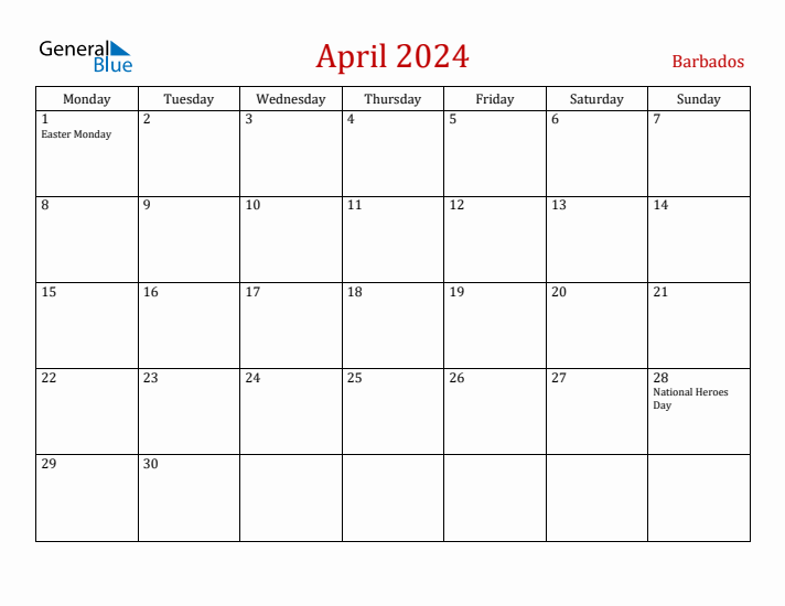 Barbados April 2024 Calendar - Monday Start