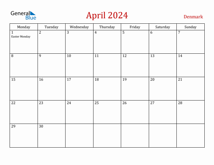 Denmark April 2024 Calendar - Monday Start