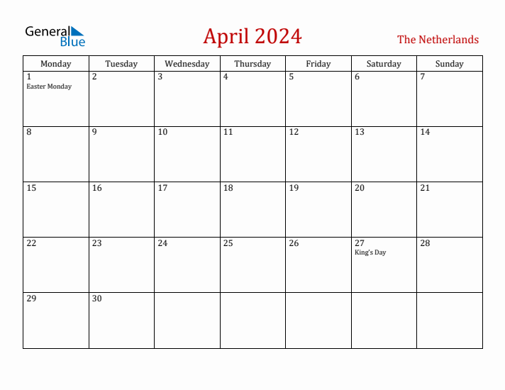 The Netherlands April 2024 Calendar - Monday Start