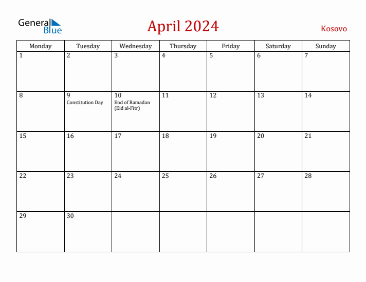 Kosovo April 2024 Calendar - Monday Start