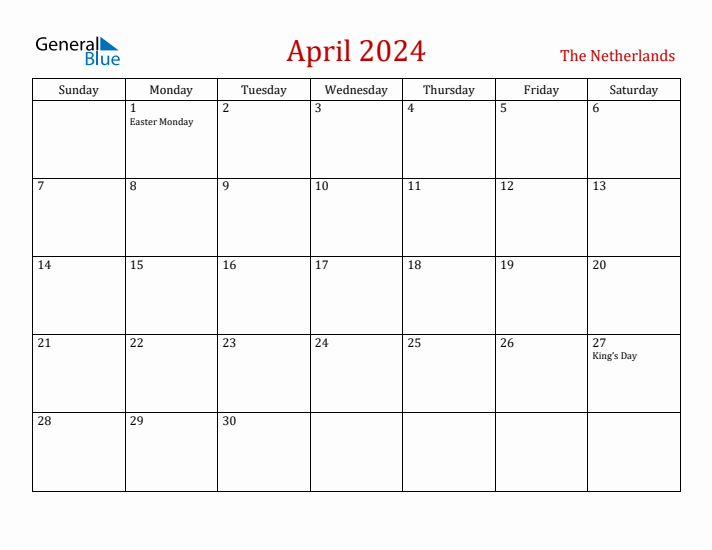 The Netherlands April 2024 Calendar - Sunday Start