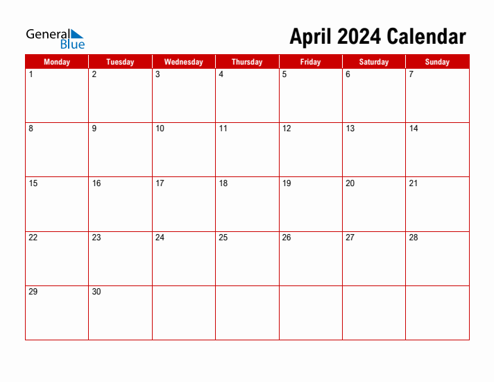 Simple Monthly Calendar - April 2024