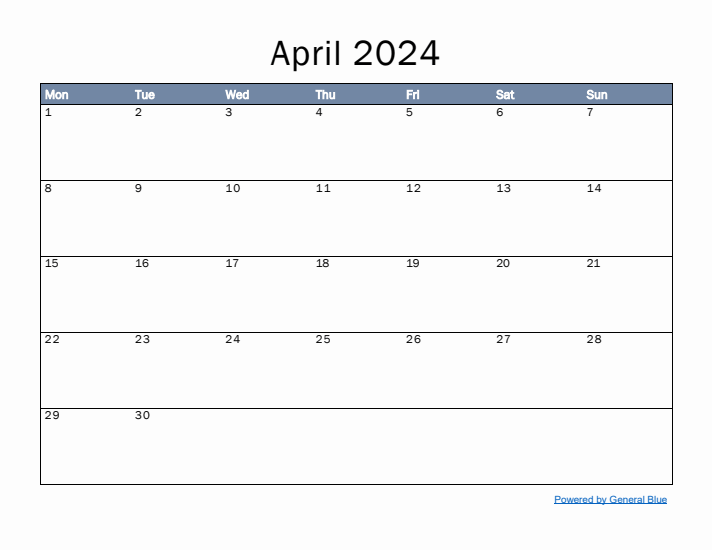 April 2024 Simple Month Calendar Template