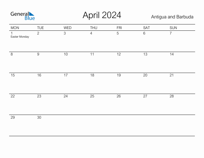 Printable April 2024 Calendar for Antigua and Barbuda