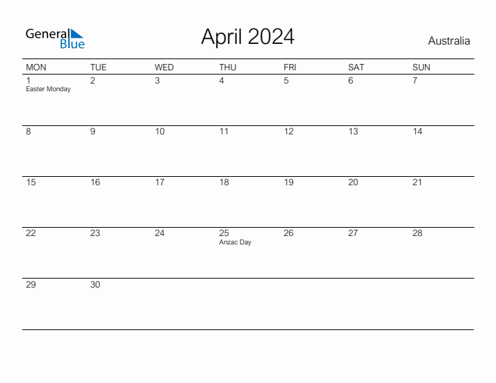 Printable April 2024 Calendar for Australia