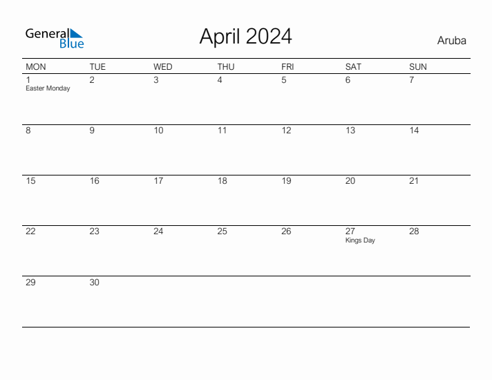 Printable April 2024 Calendar for Aruba