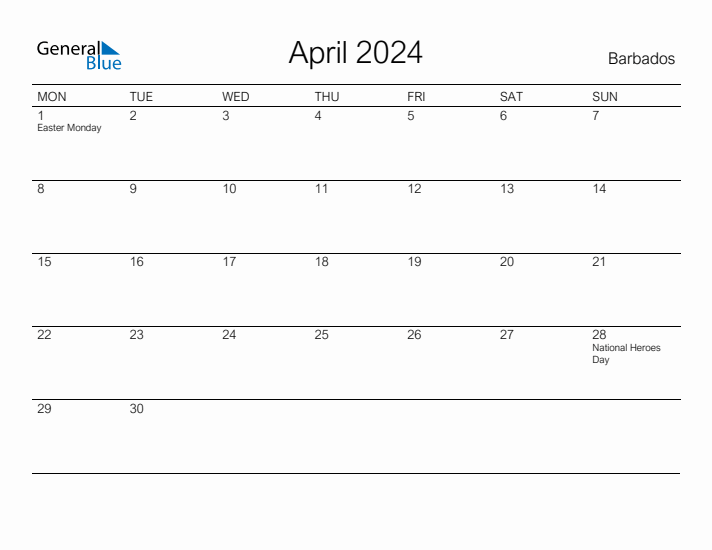 Printable April 2024 Calendar for Barbados