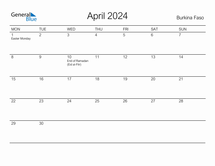 Printable April 2024 Calendar for Burkina Faso