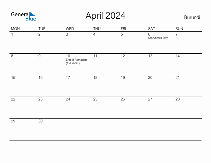 Printable April 2024 Calendar for Burundi