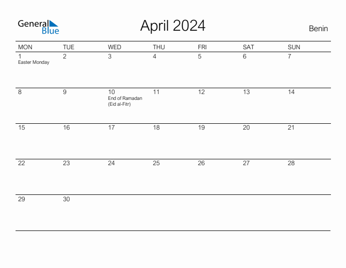 Printable April 2024 Calendar for Benin