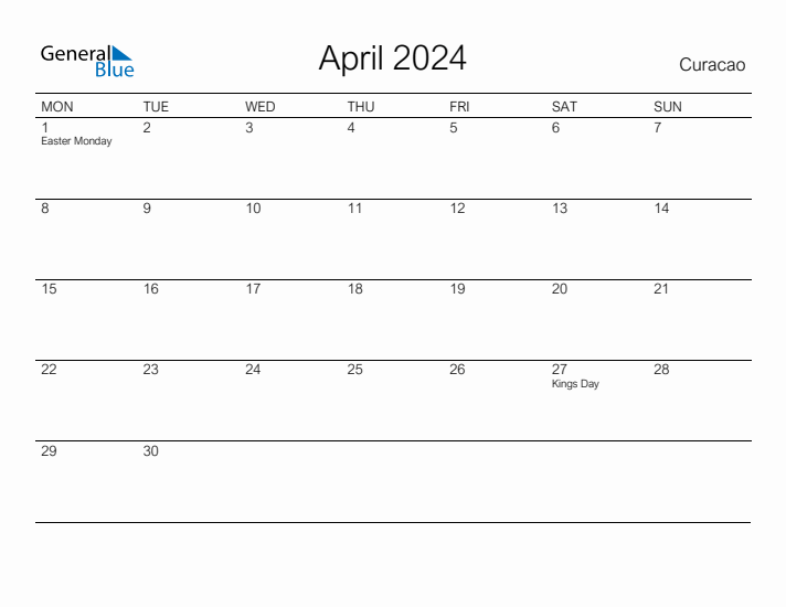 Printable April 2024 Calendar for Curacao