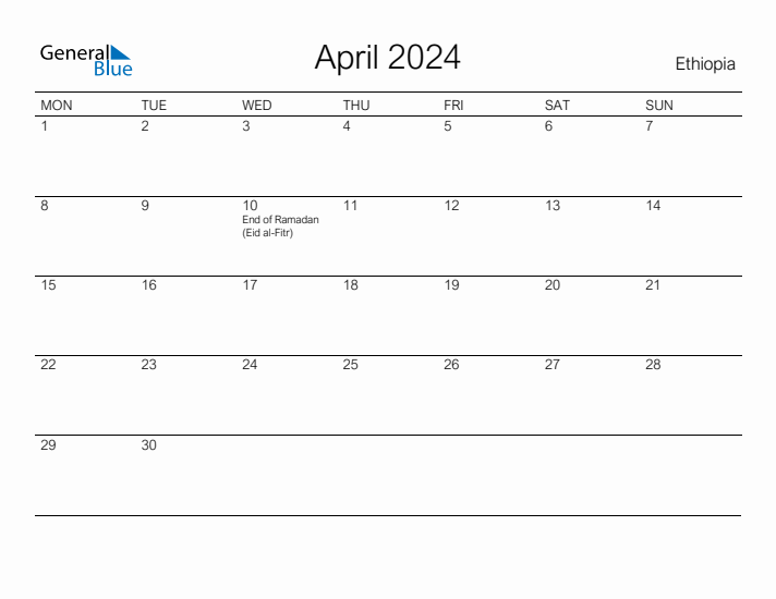 Printable April 2024 Calendar for Ethiopia